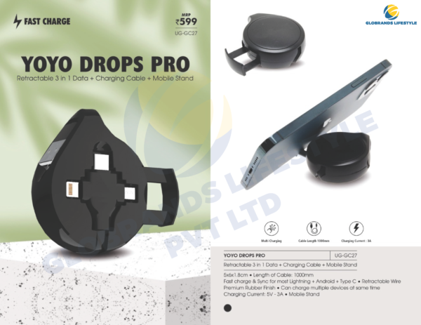 YOYO DROPS PRO Retractable 3in1 Data+Charging Cable+Mobile Stand